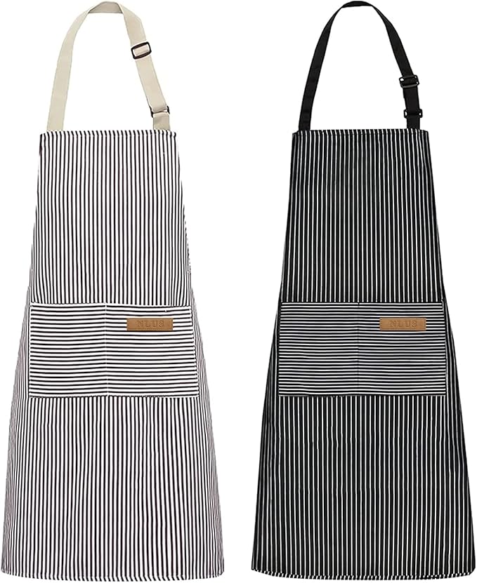 NLUS 2 Pack Kitchen Cooking Aprons, Adjustable Bib Soft Chef Apron with 2 Pockets for Men Women (Brown/Dark Black Strips) by NLUS