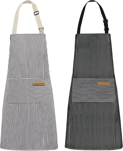 NLUS 2 Pack Kitchen Cooking Aprons, Adjustable Bib Soft Chef Apron with 2 Pockets for Men Women (Brown/Dark Black Strips) by NLUS