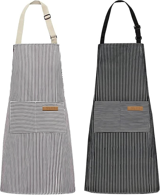 NLUS 2 Pack Kitchen Cooking Aprons, Adjustable Bib Soft Chef Apron with 2 Pockets for Men Women (Brown/Dark Black Strips) by NLUS