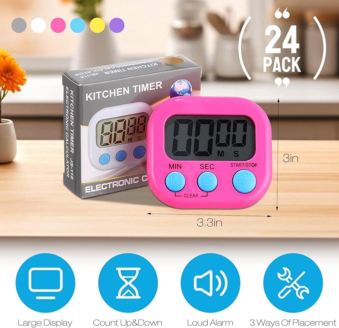Weewooday 24 Pcs Digital Kitchen Timer Magnetic Timer Bulk On/Off Switch Minute Second Count up Countdown Loud Alarm for Exercise Cook Baking (Novel Color) - Image 2