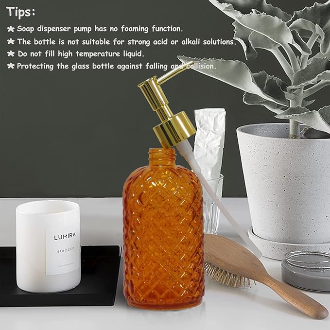 Glass Soap Dispenser with Gold Plastic Pump, 13.5oz Refillable Liquid Hand Soap Dispenser, Crystal Lotion Bottle for Modern Home Decor, Bathroom, Kitchen Countertop, Hotel(Orange)