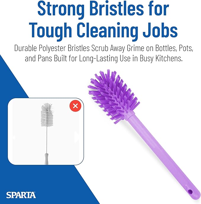 SPARTA Large Water Bottle Brush Ideal for Wide-Mouth Jars, Bottles and Tumblers, Dishwashing Tool with Handle for Home and Commercial Kitchens, Plastic, 16 Inches, Purple (Pack of 4)