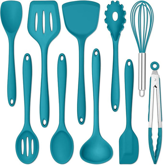E-far 10 Pieces Silicone Cooking Utensils Set, Heat Resistant Kitchen Utensil Set for Nonstick Cookware, Kitchen Cooking Tools with Spatula, Spoon, Slotted Turner, Non-Toxic & Dishwasher Safe (Blue) by E-far