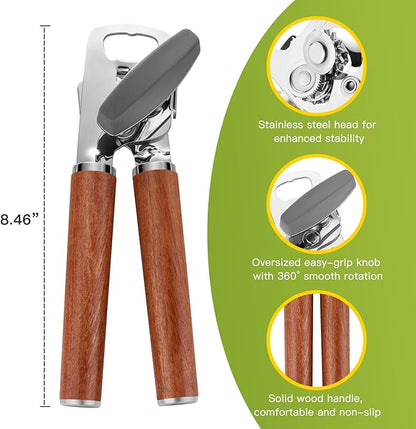 KULUNER Manual Can Opener with Solid Rosewood Handle, Large Easy-Turn Knob, Sharp Stainless Steel Blade, Handheld Design for Arthritis & Seniors - Also Opens Bottles (Rosewood Finish)