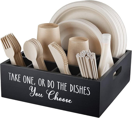 ALELION Paper Plate Dispenser for Countertop - Wooden Utensil Holder Organizer for Party - Silverware Caddy for Plate, Cup, Fork, Spoon - Cutlery Holder with Handles for Kitchen Camping Buffet by ALELION