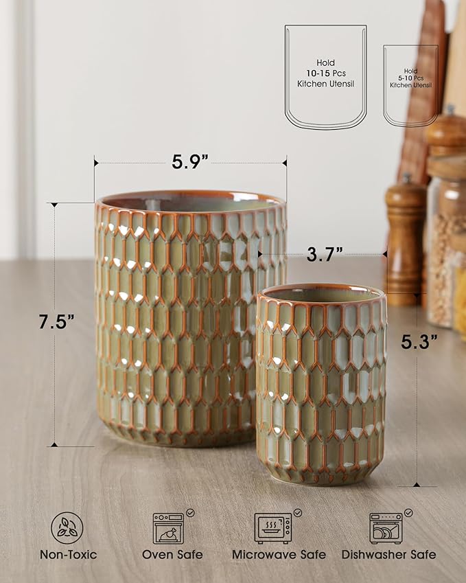 Utensil Holder, 7.5"+5.3" Ceramic Kitchen Utensil Holder for Countertop, Large Cooking Utensil Crock for Kitchen Counter, Set of 2, Green - Image 3