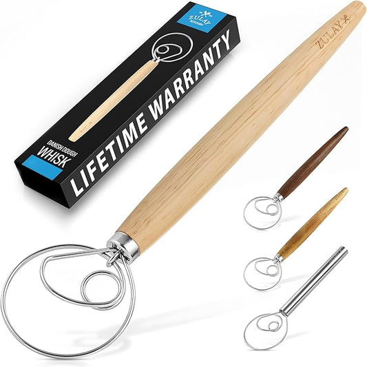 Zulay Kitchen 13-Inch Danish Dough Whisk - Stainless Steel Wooden Whisk with Dough Hook - Sourdough Whisk for Bread, Pizza, Pastry, Cake Batter & More - Wood by ZulayKitchen