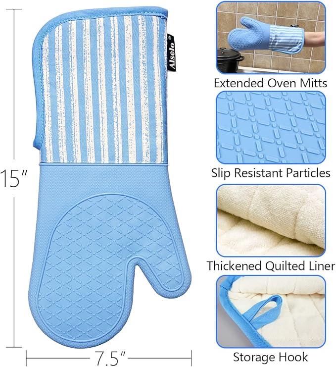 Alselo Silicone Oven Mitts Heat Resistant 932℉ with Waterproof & Non-Slip Kitchen Mittens, Set of 2 Extra Long Oven Gloves with Soft Cotton Terry Lining for Baking Cooking Barbecue (2, Blue Mitts) - Image 3