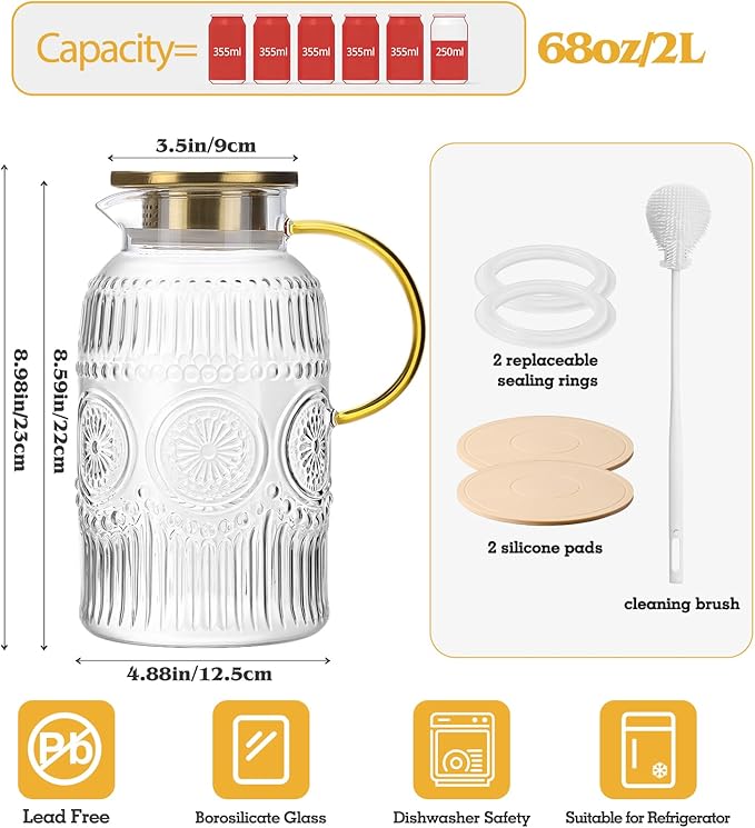 2 Pack Vintage Glass Pitchers with Lid, 68oz/ 2 Liter Glass Water Pitcher with Handle and Lid for Fridge, Iced Tea, Coffee, Borosilicate Glass Carafe for Hot/Cold Brew Drink