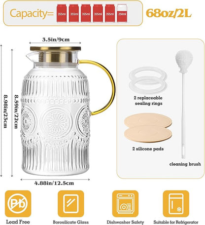 2 Pack Vintage Glass Pitchers with Lid, 68oz/ 2 Liter Glass Water Pitcher with Handle and Lid for Fridge, Iced Tea, Coffee, Borosilicate Glass Carafe for Hot/Cold Brew Drink