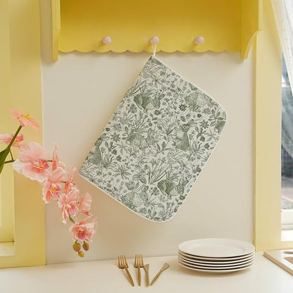 Spring Easter Dish Drying Mat 18 x 24 inch Green Rabbit Bunny Botanical Floral Decorative Drying Mats Microfiber Absorbent Seasonal Dish Washable Draining Mat for Kitchen Counter Decor