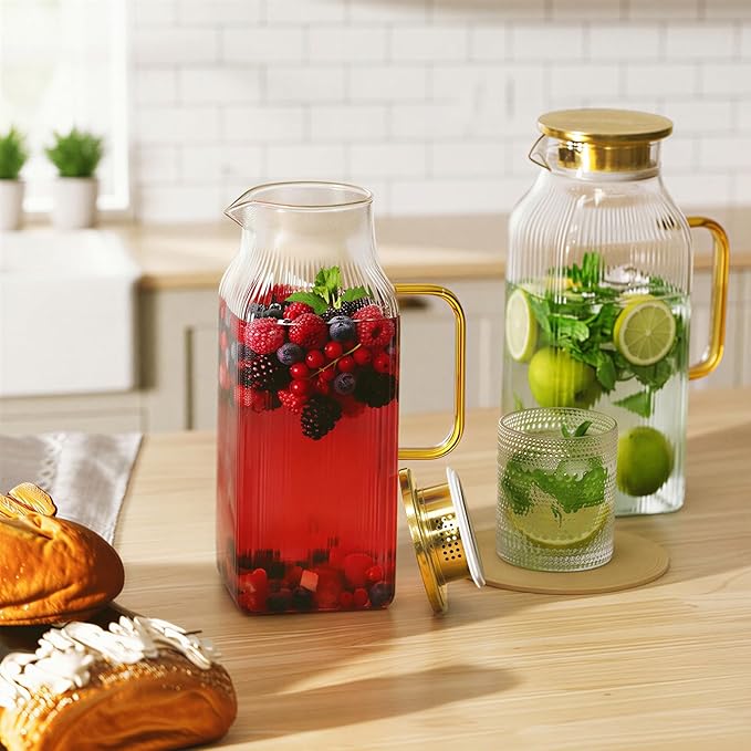 2 Pack 68oz/2 Liter Square Glass Pitcher with Handle and Lid, Classic Stripes Glass Water Pitcher with Handle for Fridge, Iced Tea, Coffee, Borosilicate Glass Carafe for Hot/Cold Brew Drink