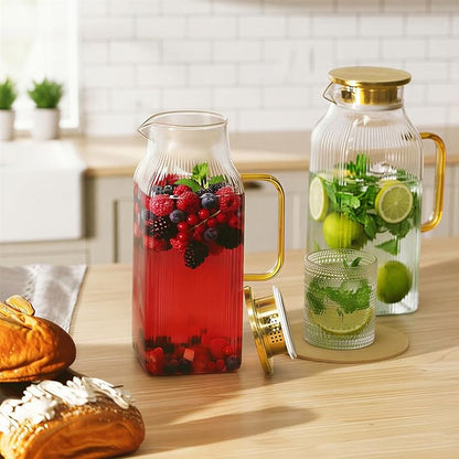 2 Pack 68oz/2 Liter Square Glass Pitcher with Handle and Lid, Classic Stripes Glass Water Pitcher with Handle for Fridge, Iced Tea, Coffee, Borosilicate Glass Carafe for Hot/Cold Brew Drink