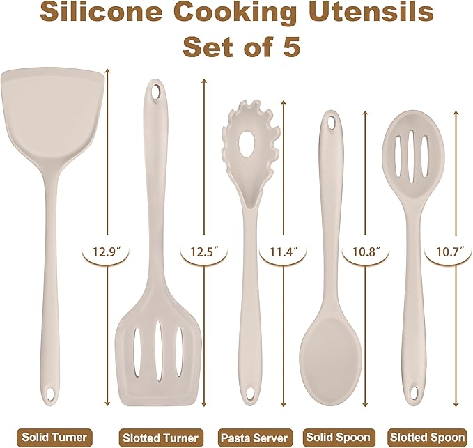 TeamFar Silicone Cooking Utensils Set, 5-Piece Heat Resistant Kitchen Utensils Set, Nonstick Slotted Solid Spoon Turner Pasta Server for Frying, Serving, Mixing, Non-Toxic & Dishwasher Safe, Khaki - Image 2