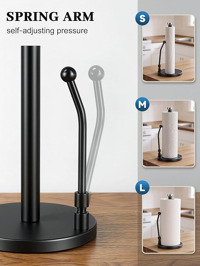 SMARTAKE Paper Towel Holder, Paper Towel Dispenser Standing Weighted Base Non Slip, Spring Arm Fit Most Size Paper Roll, Stainless Steel Paper Towel Holder for Home Kitchen Countertop Tabletop, Black - Image 2