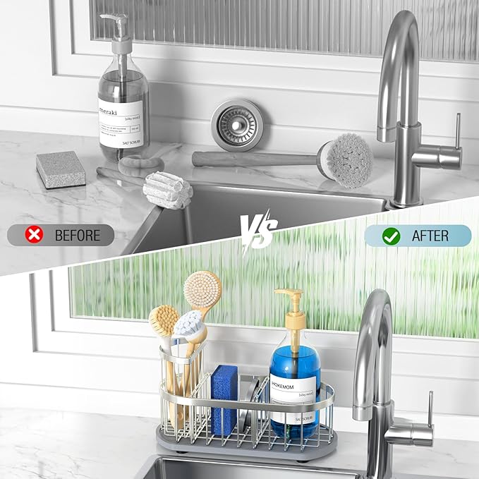 Sponge Holder for Kitchen Sink with High Brush Holder, [Stay-Dry Anywhere & No Drainage Needed] Rustproof Stainless Steel Kitchen Sink Caddy Organizer with Water Absorbing Stone Tray, Silver - Image 6