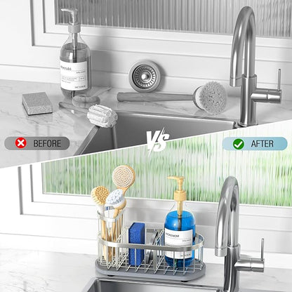 Sponge Holder for Kitchen Sink with High Brush Holder, [Stay-Dry Anywhere & No Drainage Needed] Rustproof Stainless Steel Kitchen Sink Caddy Organizer with Water Absorbing Stone Tray, Silver - Image 6