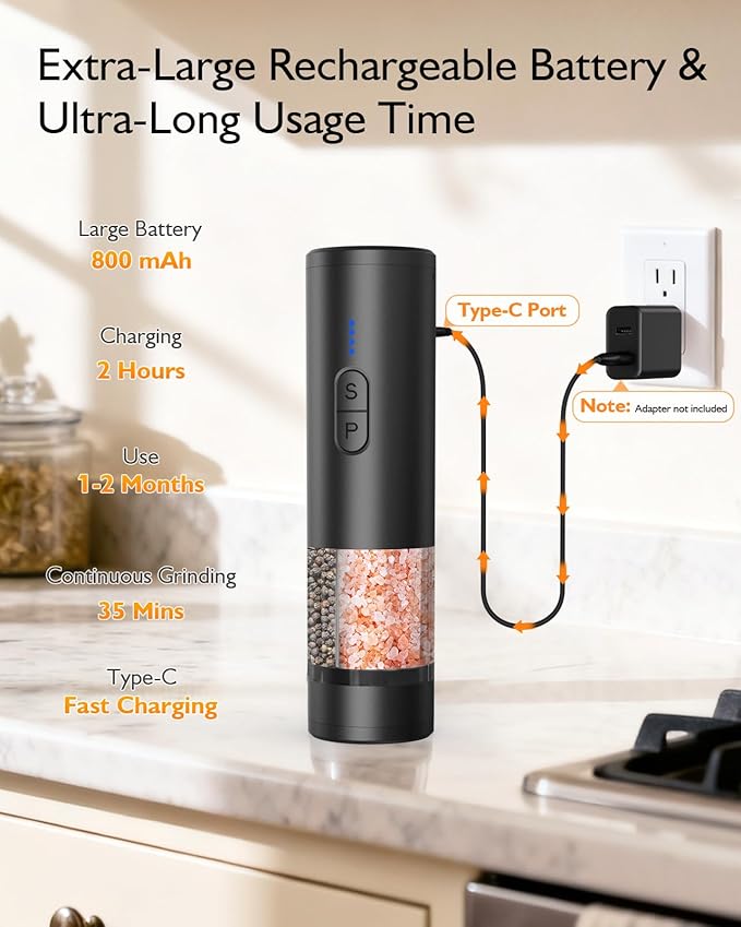 Electric Salt and Pepper Grinder Set, 2 in 1 Dual Bins USB Rechargeable Refillable Automatic Salt and Pepper Mill Shaker with LED Light, Dual Ceramic Grinder Adjustable Coarseness, kitchen gift, Black - Image 5