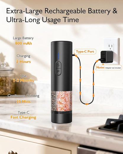 Electric Salt and Pepper Grinder Set, 2 in 1 Dual Bins USB Rechargeable Refillable Automatic Salt and Pepper Mill Shaker with LED Light, Dual Ceramic Grinder Adjustable Coarseness, kitchen gift, Black - Image 5