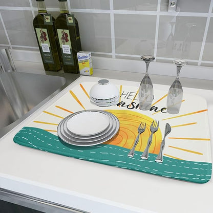 Summer Seaside Sunset over Sea Dish Drying Mat for Kitchen Counter,Hello Sunshine Drying Mat 18 x 24 Inch with Absorbent Reversible Microfiber Drying Pad for Coffee Bar - Image 6