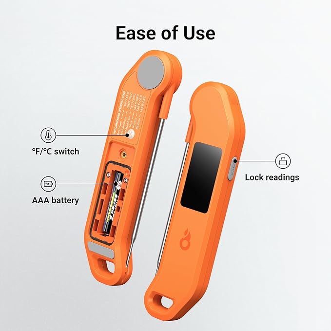 Professional Digital Meat Thermometer, 1 Sec Instant Read, ±0.5℉ Accuracy NIST&NSF Certified Food Thermometer, Auto-Rotate Bright LED Screen, Waterproof Cooking Thermometer for Grill BBQ, Orange - Image 9