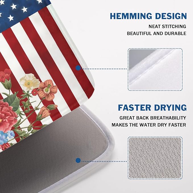 4th of July Dish Drying Mat 24x18 Inch, Patriotic Drying Mat with Absorbent Reversible Microfiber, Independence Day Dish Drainer Mats Memorial Day Rack Pad for Coffee Countertop Kitchen Protector