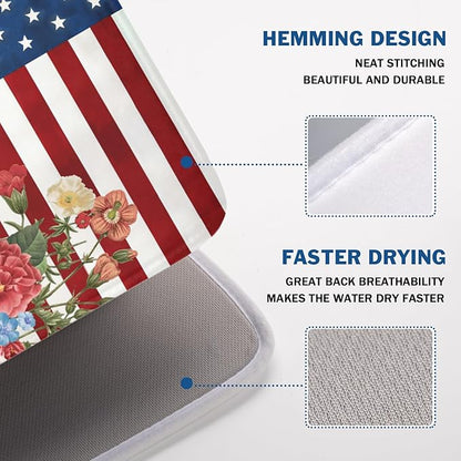 4th of July Dish Drying Mat 24x18 Inch, Patriotic Drying Mat with Absorbent Reversible Microfiber, Independence Day Dish Drainer Mats Memorial Day Rack Pad for Coffee Countertop Kitchen Protector