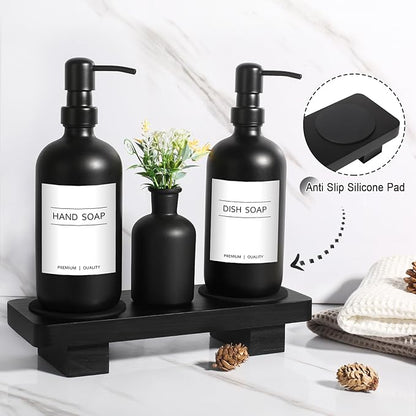 Dish Soap Dispenser for Kitchen, Black Hand Soap Dispenser with Stainless Steel Pump, Kitchen Soap Dispenser Set with Wood Riser Tray, Matte Black Bathroom Soap Dispenser Set Bathroom Decor - Image 4