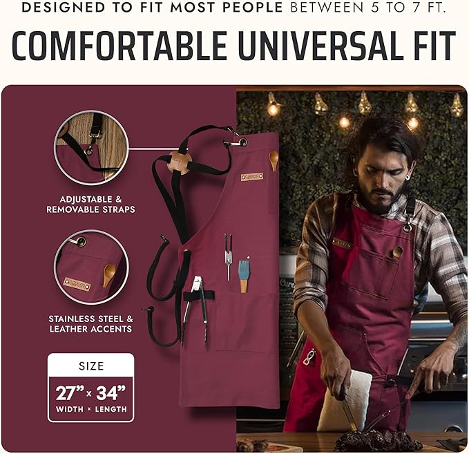 Asaya Chef and BBQ Apron with Bottle Opener and Hand Towel - 10oz Cotton Canvas, Stainless Steel Hardware - Cross Back Straps - Image 5