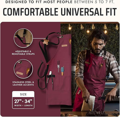 Asaya Chef and BBQ Apron with Bottle Opener and Hand Towel - 10oz Cotton Canvas, Stainless Steel Hardware - Cross Back Straps - Image 5