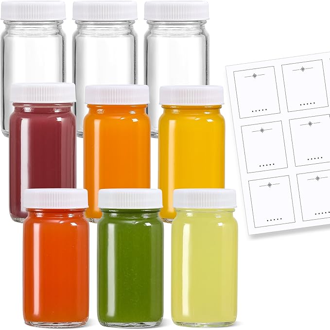 9 Pack 2 oz Glass Shot Bottles w/ White Lids & 9 Labels - Small Clear Jar for Ginger, Wellness Shot, Juice, Sample, Whiskey - Travel Essentials Mini Bottles - Wide Mouth, Leakproof, Dishwasher Safe - Image 8