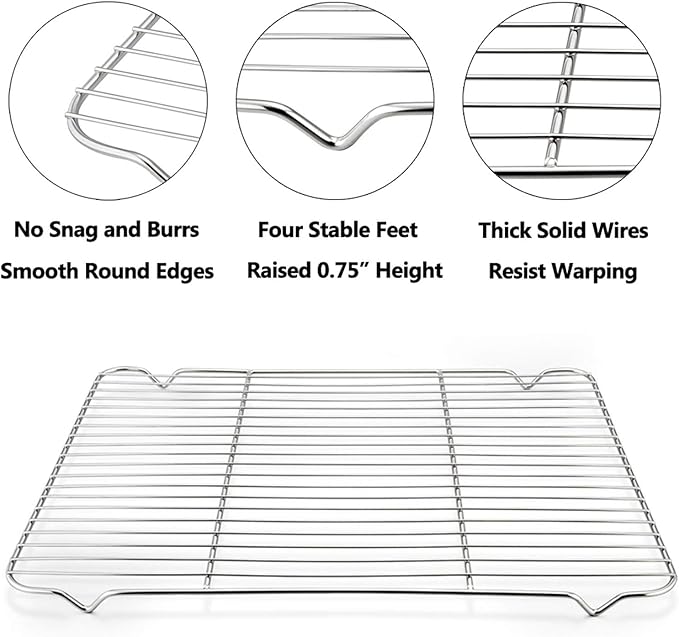 Baking Cooling Rack Set of 2, E-far 16.5"x11.5" Stainless Steel Metal Roasting Cooking Racks, Fits in Half Sheet Cookie Pans, Non Toxic & Rust Free, Oven Proof & Dishwasher Safe - Image 3