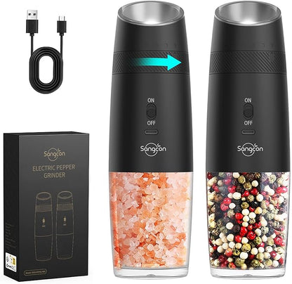 Sangcon Gravity Electric Salt and Pepper Grinder Set RECHARGEABLE Automatic Salt Pepper Shakers USB-C No Battery Needed - LED Light One Hand Operation, External Adjustable Coarseness Pepper Mill by Sangcon