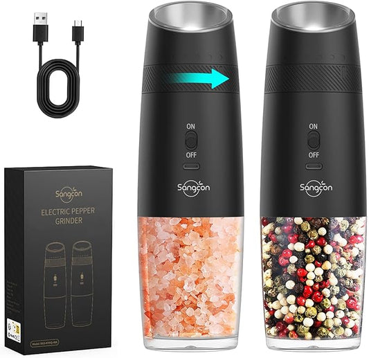 Sangcon Gravity Electric Salt and Pepper Grinder Set RECHARGEABLE Automatic Salt Pepper Shakers USB-C No Battery Needed - LED Light One Hand Operation, External Adjustable Coarseness Pepper Mill by Sangcon