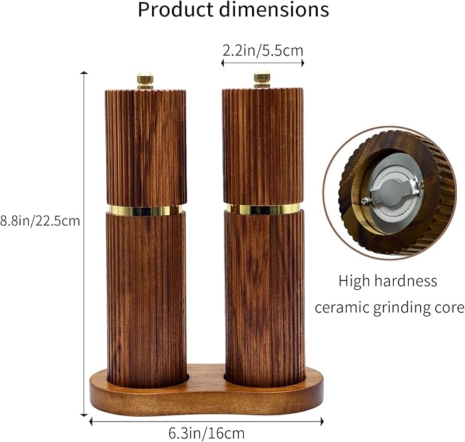 8 Inch Wooden Salt and Pepper Grinder Set, Adjustable Coarseness, Acacia Wood Pepper Mill Manual, Salt and Pepper Shakers Matching Wooden Tray, Multi Purpose Grinder - Image 2