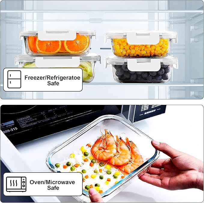 VERONES 10Pack Glass Meal Prep Containers, Airtight Glass Lunch Containers,Stackable Food Storage Containers Set with Lids,Exclusive of BPA, for Microwave,Oven, Freezer&Dishwasher Friendly,White - Image 4