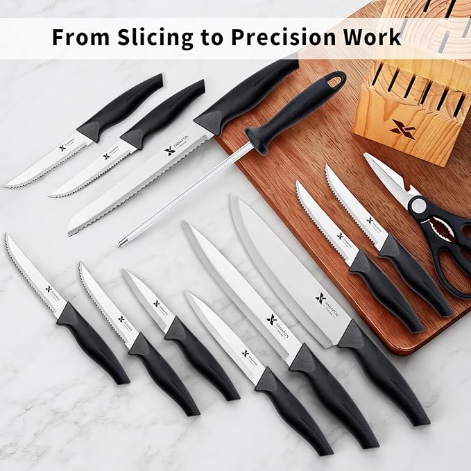 14 Pieces Kitchen Knife Set with Block, German Stainless Steel, BlackSilver - Image 4