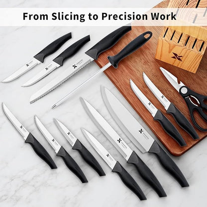 14 Pieces Kitchen Knife Set with Block, German Stainless Steel, BlackSilver - Image 4