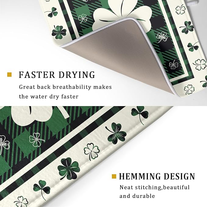 Giwawa Patrick Clovers Dish Drying Mat 18"x24" Lucky Shamrock Spring Leaf Dish Drainer Mats Green Black Buffalo Plaids Absorbent Microfiber Dish Drying Pad for Kitchen Countertop Large Decor