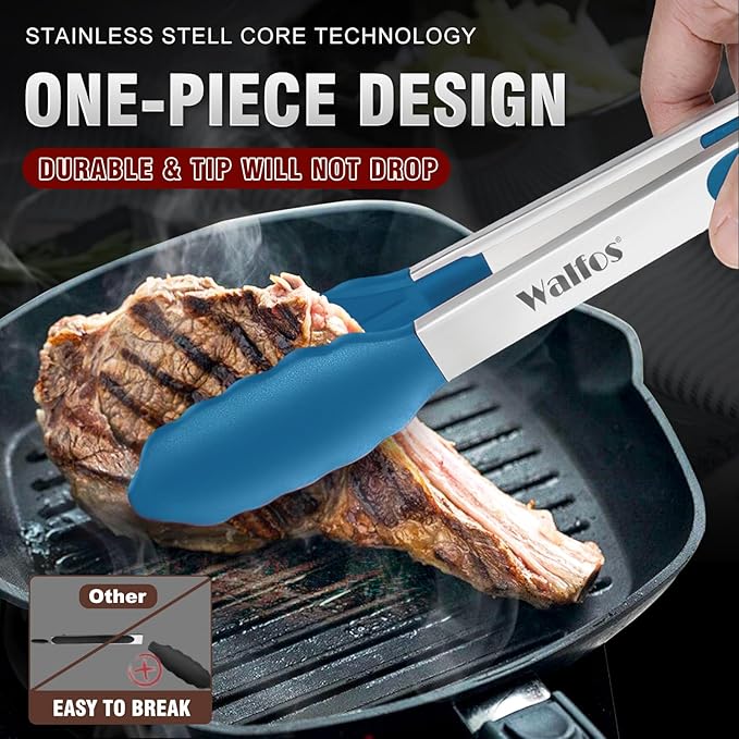 Walfos Kitchen Tongs - 7" 9" and 12" Heat Resistant Food tongs, Thickened Stainless Steel and BPA Free Silicone Tips, Great for Cooking, Grilling, Turning, Dishwasher safe(3 blue silicone tongs) - Image 2