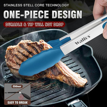 Walfos Kitchen Tongs - 7" 9" and 12" Heat Resistant Food tongs, Thickened Stainless Steel and BPA Free Silicone Tips, Great for Cooking, Grilling, Turning, Dishwasher safe(3 blue silicone tongs) - Image 2