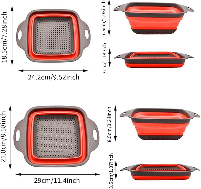 2 PCS Collapsible Colander, Collapsible Strainers for Kitchen, 11.5 inch Silicone Strainer and 9.5 inch Silicone Colander for Draining Vegetable fruit, Kitchen Food Strainer, Blue (Red) - Image 2