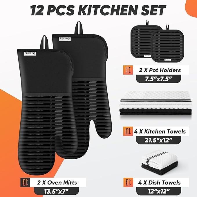 Oven Mitts Kitchen Towels and Dishcloths with Pot Holders Sets, Oven Gloves Hot Pads 500°F Heat Resistant with Silicone Grip, Include 2 Cooking Gloves/2 Potholders/4 Kitchen Towels/4 Dish Towels - Image 2