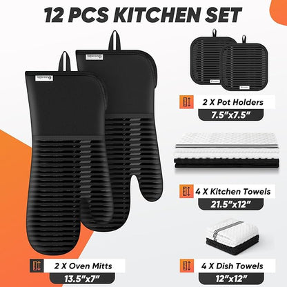 Oven Mitts Kitchen Towels and Dishcloths with Pot Holders Sets, Oven Gloves Hot Pads 500°F Heat Resistant with Silicone Grip, Include 2 Cooking Gloves/2 Potholders/4 Kitchen Towels/4 Dish Towels - Image 2