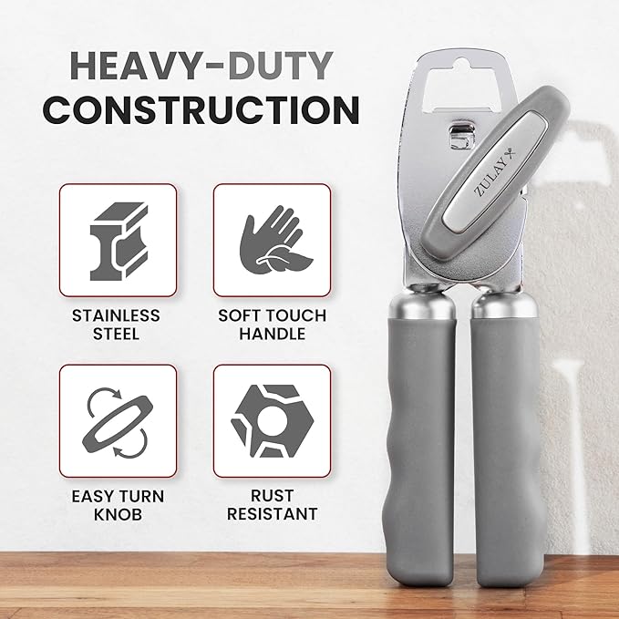 Zulay Kitchen Heavy Duty Stainless Steel Can Opener Manual with Bottle Opener - Rust Proof Manual Can Opener With Turn Knob & Comfy Soft Grip Handles - Light Gray - Image 3