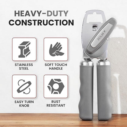 Zulay Kitchen Heavy Duty Stainless Steel Can Opener Manual with Bottle Opener - Rust Proof Manual Can Opener With Turn Knob & Comfy Soft Grip Handles - Light Gray - Image 3