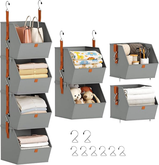 Homsorout Hanging Closet Organizer 4 Tier - Clothes Hanging Shelves, Space-Saving Closet System, Fabric Storage Bins Bedroom Organization, Collapsible Baskets for Home, Dorm, Rv, Grey