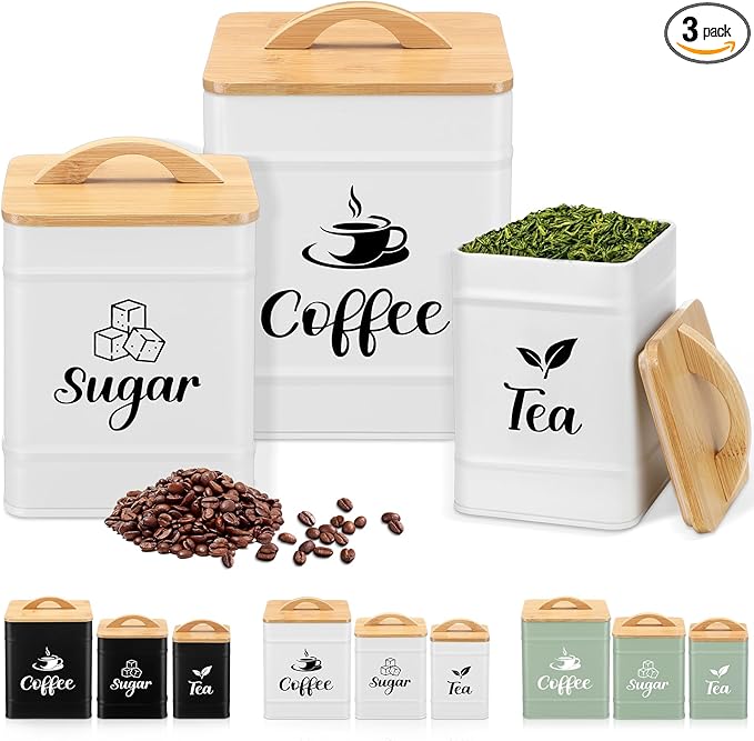 Maxdot 3 Set Coffee Sugar Tea Containers, Square Airtight Kitchen Canisters Storage Ground Organization with Bamboo Lids Rustic Metal Jars for Coffee Bar Beans, Tea Leaves, Food, Countertop(Cream) by Maxdot