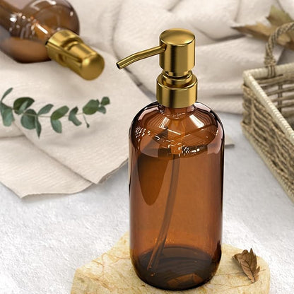 AmazerBath Amber Glass Soap Dispenser, 2 Pack Vintage Brown Bottle with Stainless Steel Pump,17 Oz Hand Dish Soap Dispenser Bottle, Modern Soap Dispensers for Bathroom Kitchen - Image 2