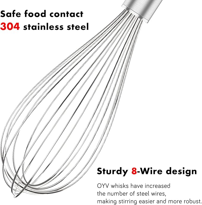 OYV 304 Stainless Steel Whisk Set, Dishwasher Safe Rustproof Metal Whisk, Professional Balloon Wire Whisks for Kitchen Cooking, Perfect For Blending, Whisking, Baking, Beating, 3 Packs (8" 10" 12") - Image 3